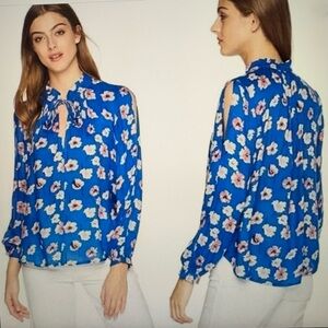 Lucky Brand Blue Floral Blouse with Ruffle Neck and Cold Shoulder Size M